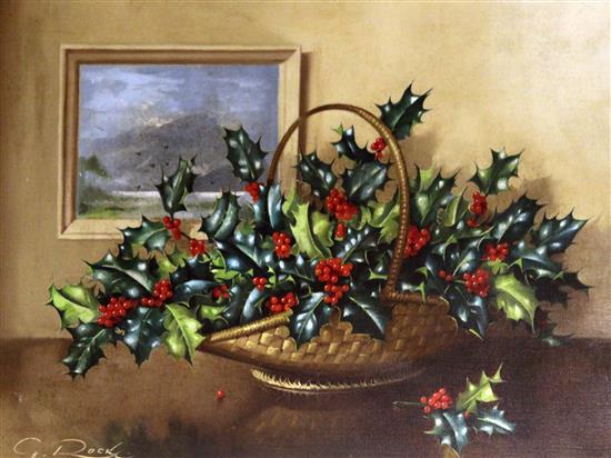 Geoffrey A. Rock (1923-) Still life of holly in a basket, 15 x 20in.